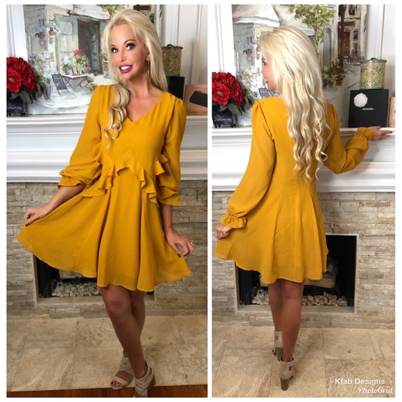 ❤️LAST 1! Mustard Fully Lined Ruffle Swing Dress! - Picture 4 of 5